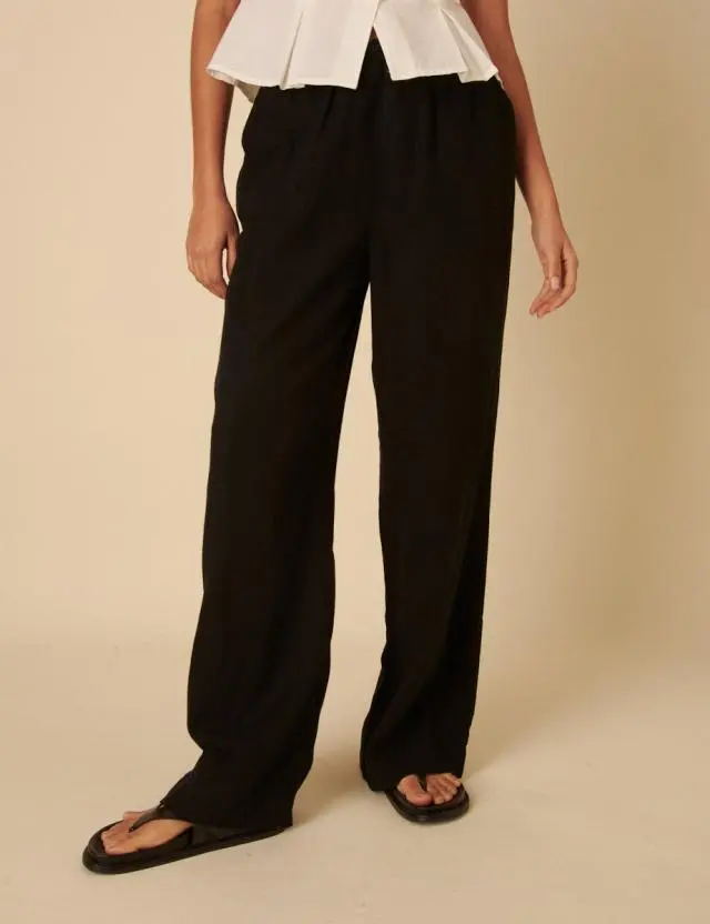 Black Linen-blend Drawstring Wide Leg Trousers