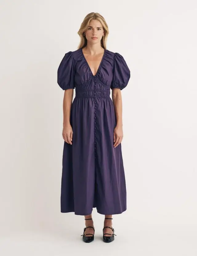 Purple Puff Sleeve Lilah Midi Dress
