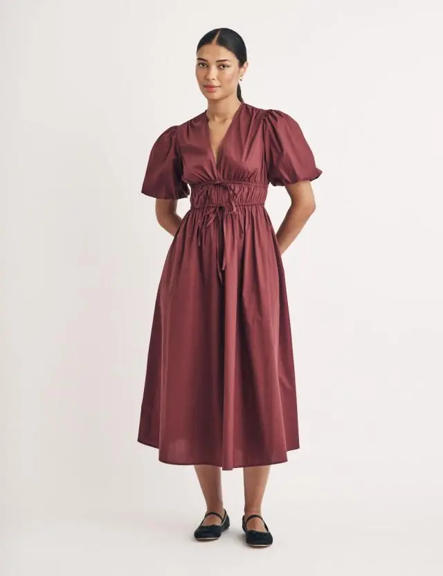 Petite Plum Puff Sleeve Scottie Midi Dress