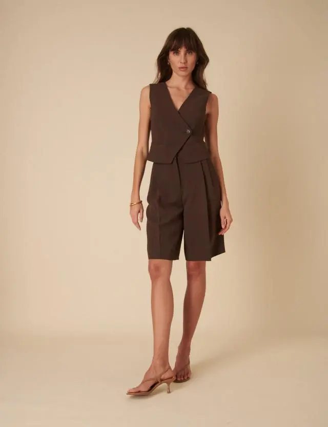 Chocolate Brown Double Pleated Bermuda Shorts