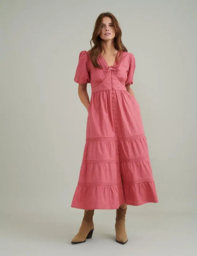 Pink Puff Sleeve Tiered Alexandra Midi Dress