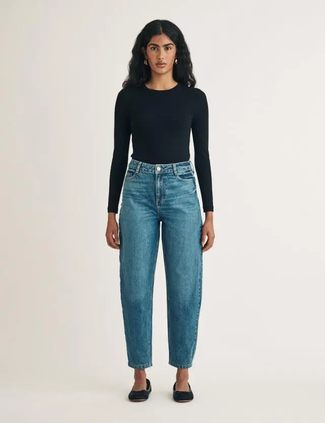 Mid Wash High Rise Barrel Leg Jeans