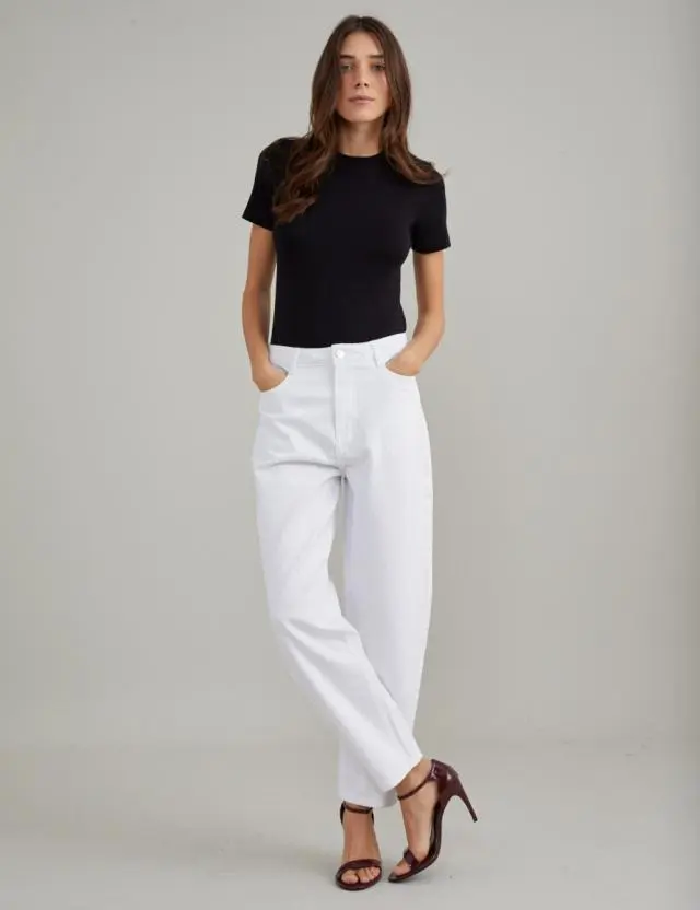 White High Rise Barrel Leg Jeans