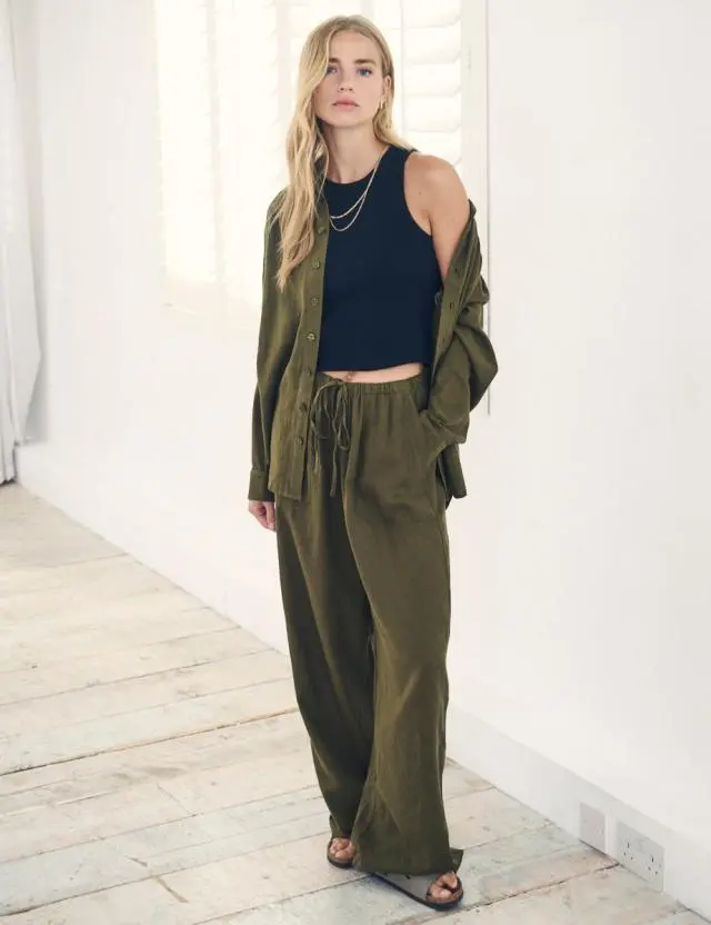 Green Linen-Rich Wide Leg Trousers