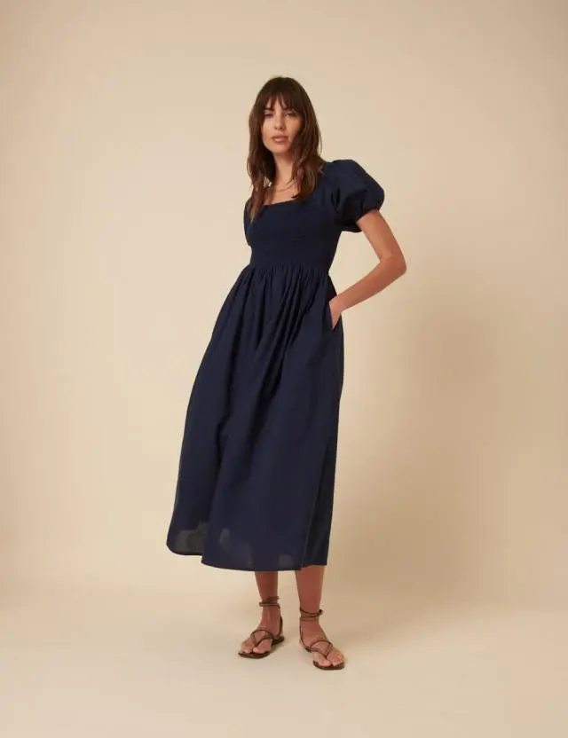 Navy Puff Sleeve Shirred Tasmin Midi Dress