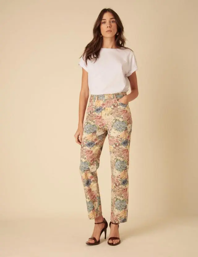 Floral Print Denim Straight Leg Jeans