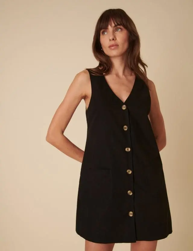 Black Linen-blend Claudette Pinafore Mini Dress