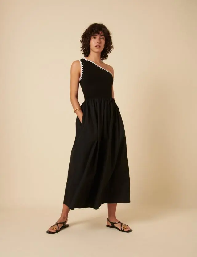 Black One Shoulder Crochet Trim Sabrina Midi Dress