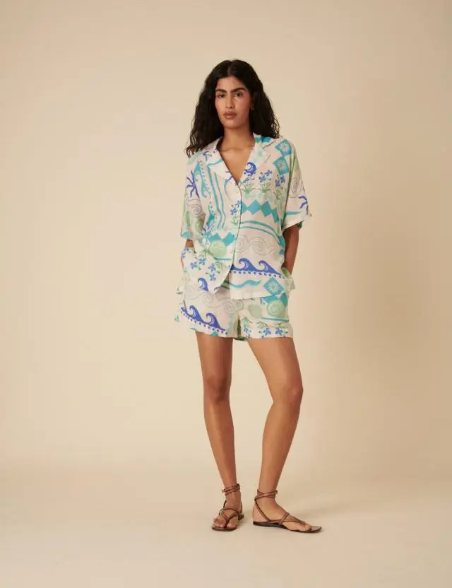 Cream Printed Linen-blend Shorts