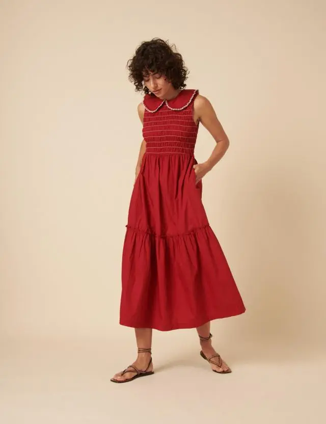 Red Ruched Collar Tiered Teresa Midi Dress