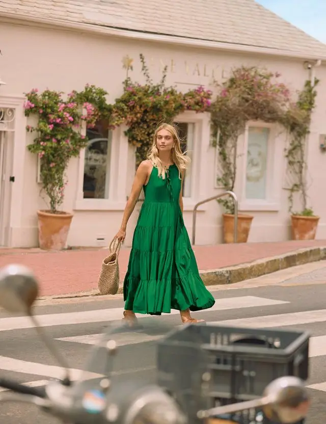 Green Tie-Front Tiered Eileen Midi Dress
