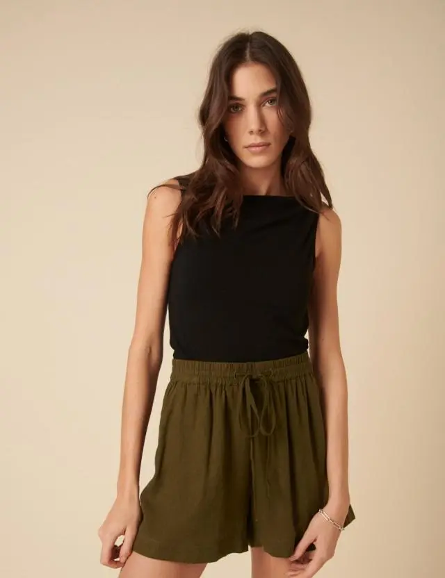 Khaki Drawstring Linen-blend Jet Shorts
