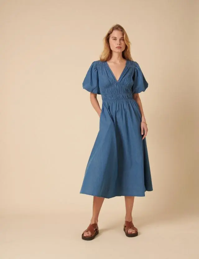 Mid Wash Denim Ruched Sunni Midi Dress