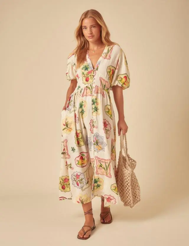 Cream Printed Starlight Midi Dress