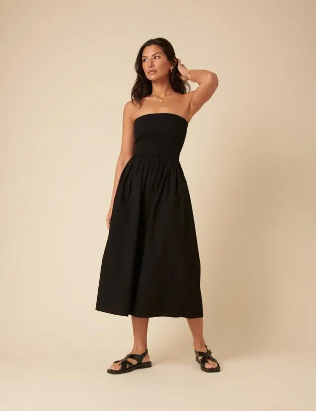 Black Bandeau Drop Waist Midi Dress