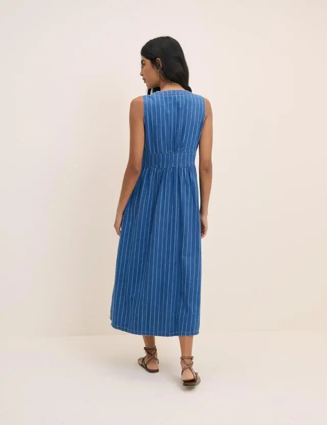 Blue Denim Sleeveless Pinstripe Starlight Midi Dress