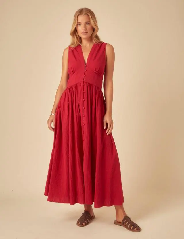 Red Linen-blend Sleeveless Starlight Midi Dress