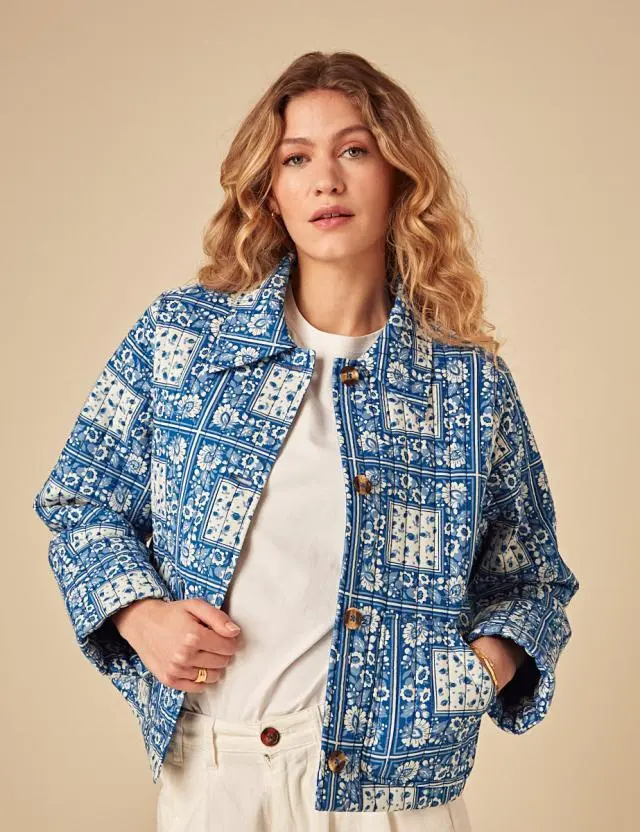 Blue Floral Print Quilted Jacket