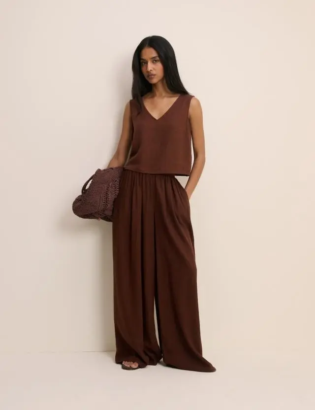Brown Linen-Blend Wide Leg Jerrow Trousers