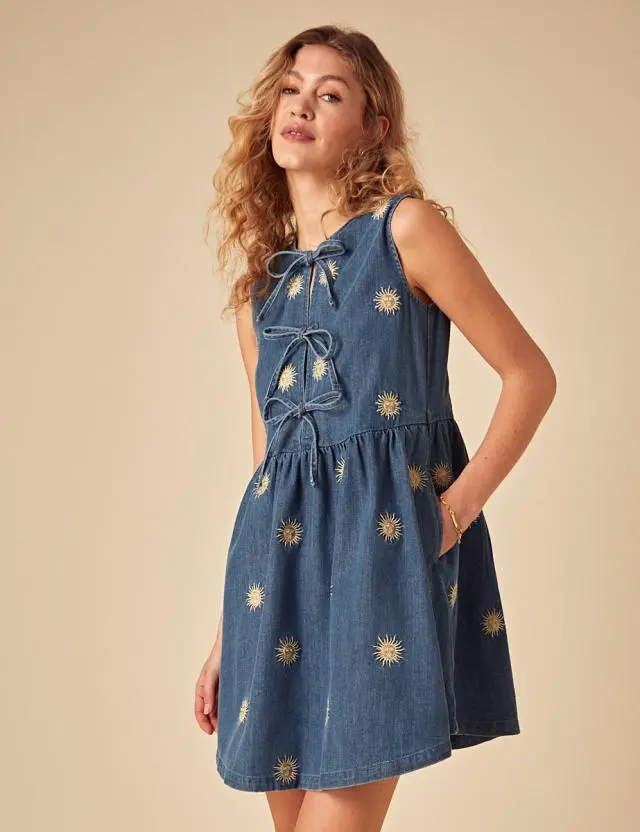 Blue Denim Sun Embroidered Eden Mini Dress
