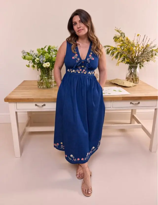 Blue Denim Floral Embroidered Astra Midi Dress