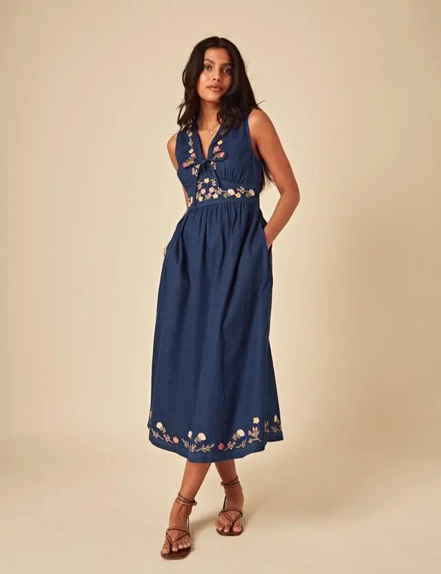 Elizabeth Scarlett Blue Denim Floral Embroidered Astra Midi Dress