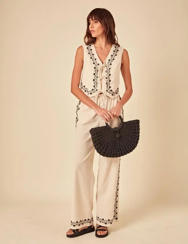 Beige Floral Embroidered Shona Trouers