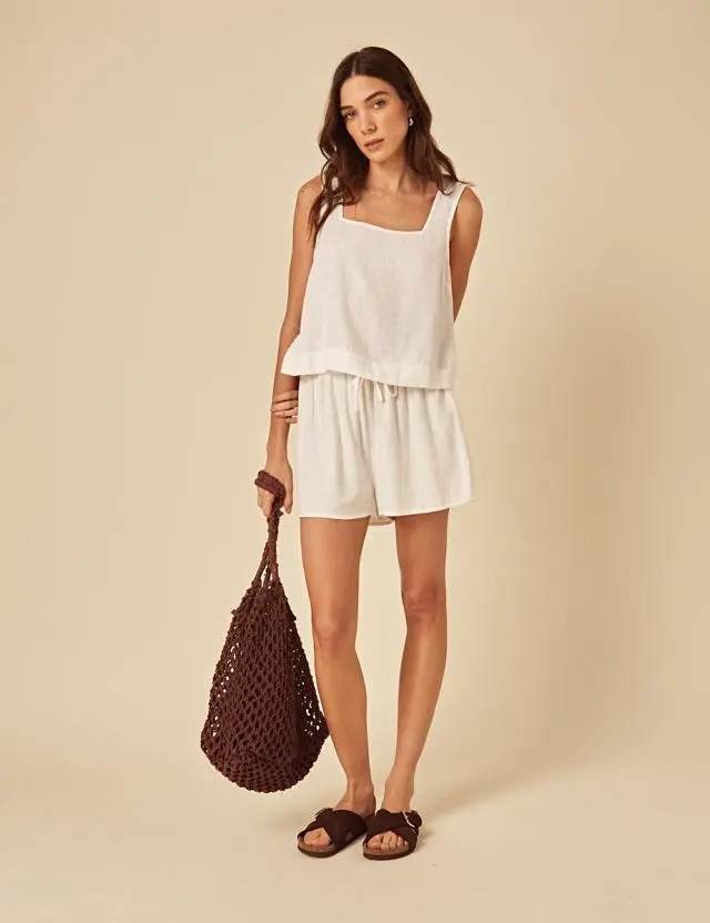 White Linen-Blend Drawstring Shorts