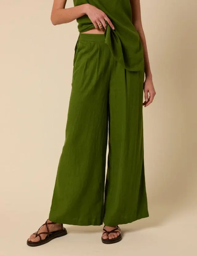 Green Linen-blend Parker Wide Leg Trousers