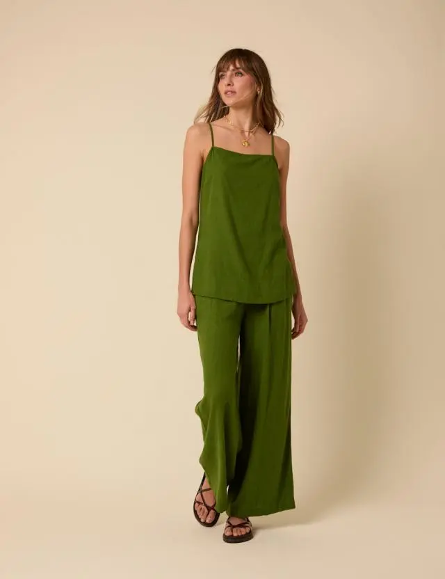 Green Linen-Blend Parker Wide Leg Trousers
