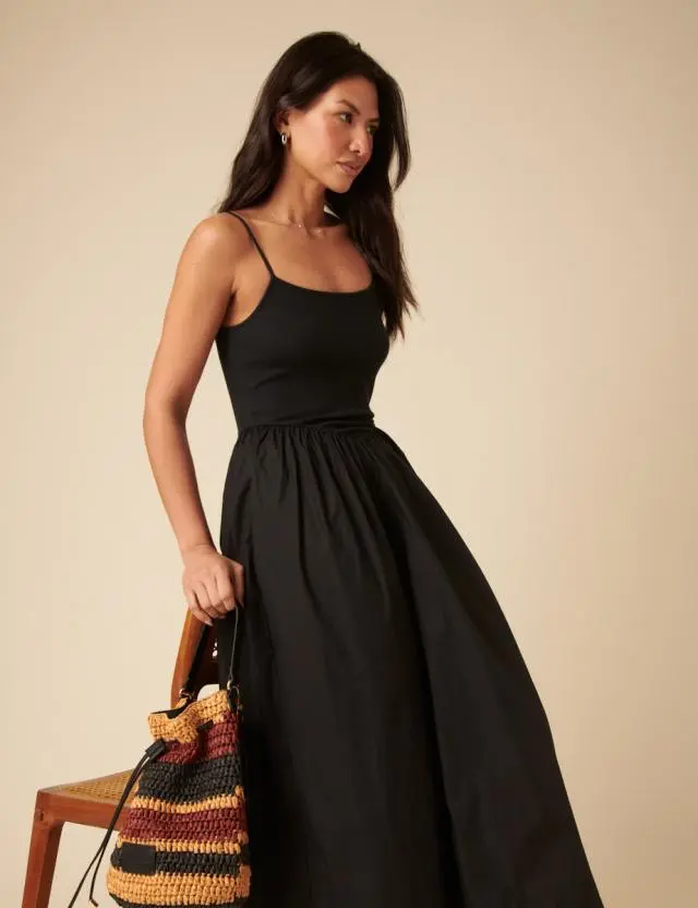 Black Ribbed Drop Waist Strappy Midi Dress