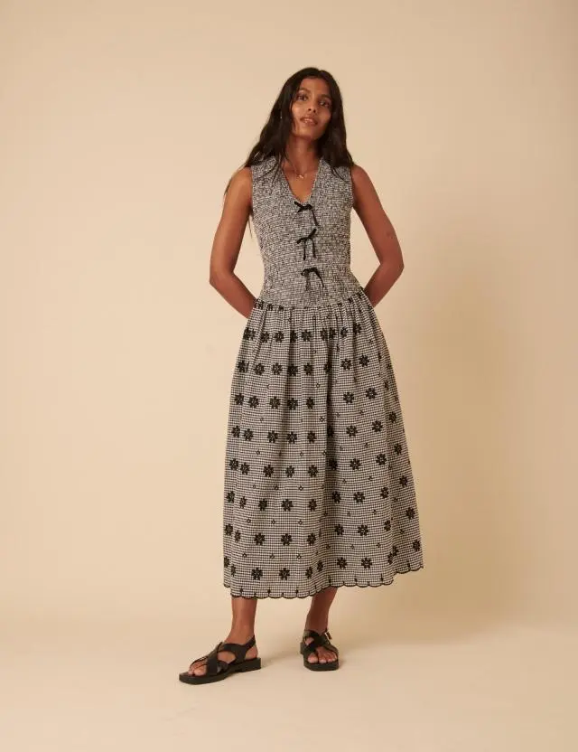 Black Gingham Embroidered Ruched Tie Front Midi Dress