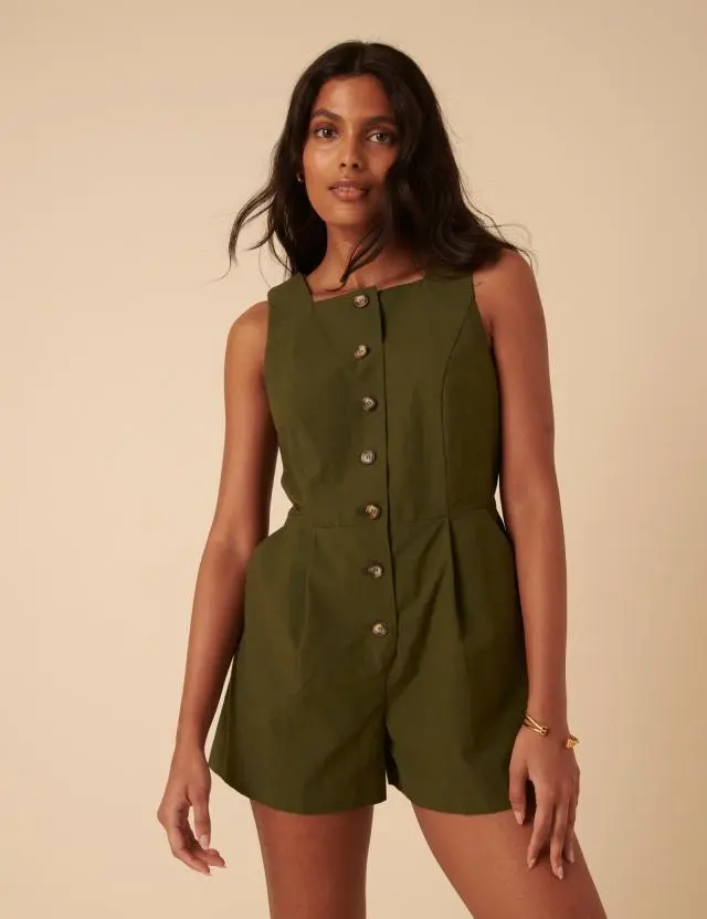 Khaki Linen-blend Peri Playsuit