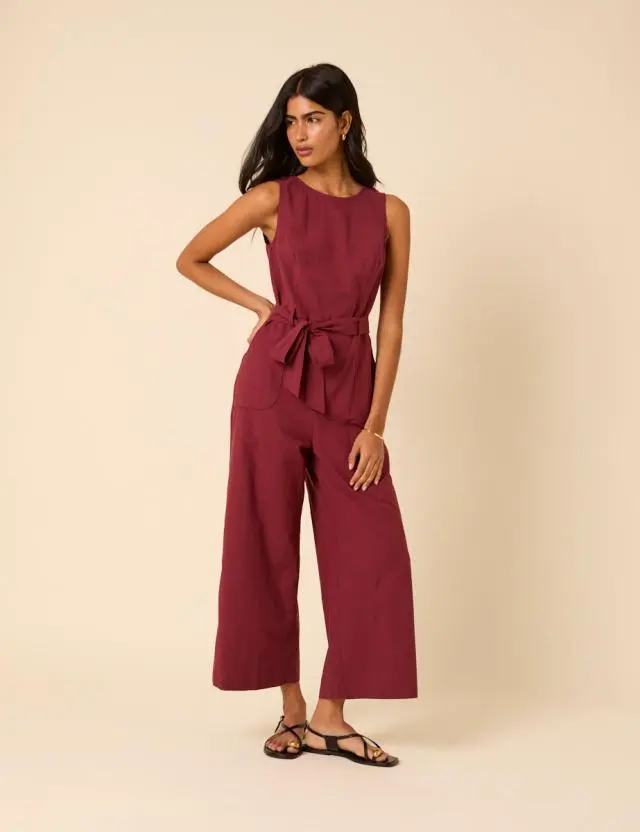 Burgundy Linen-blend Tie Waist Jumpsuit