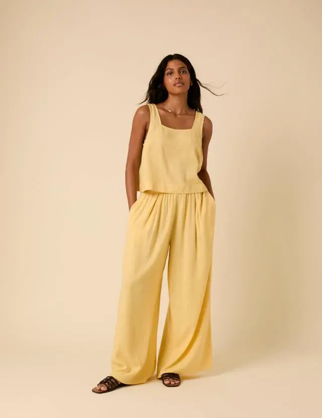Butter Yellow Linen-Blend Wide Leg Jerrow Trousers