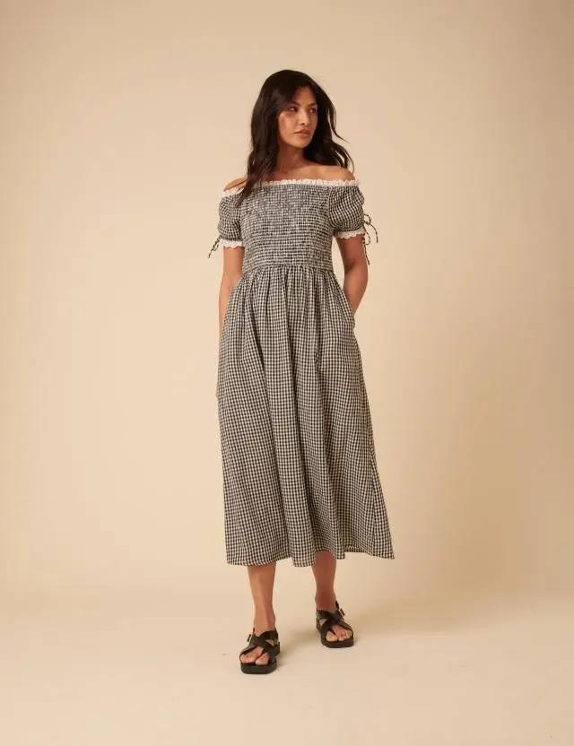Black Gingham Bardot Adrianna Midi Dress