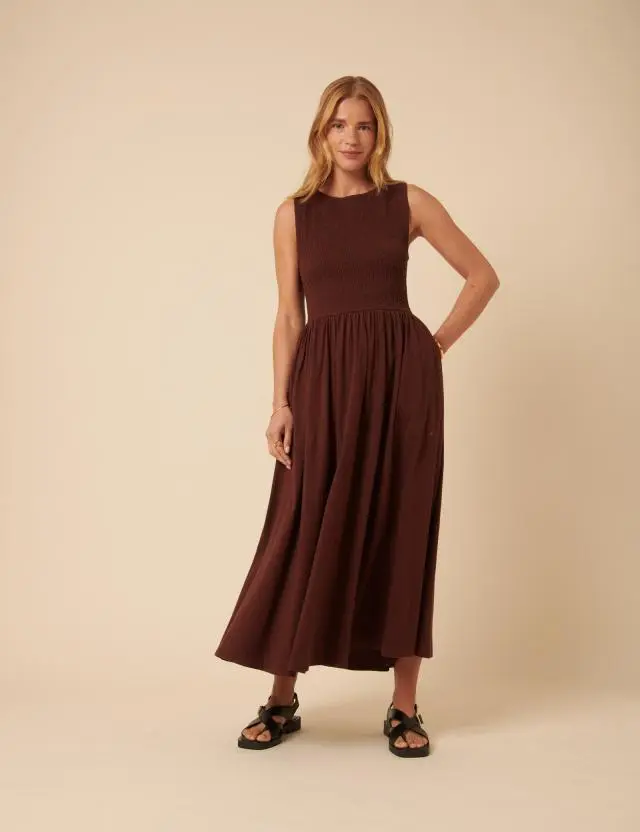Brown Shirred Bodice Midi Dress