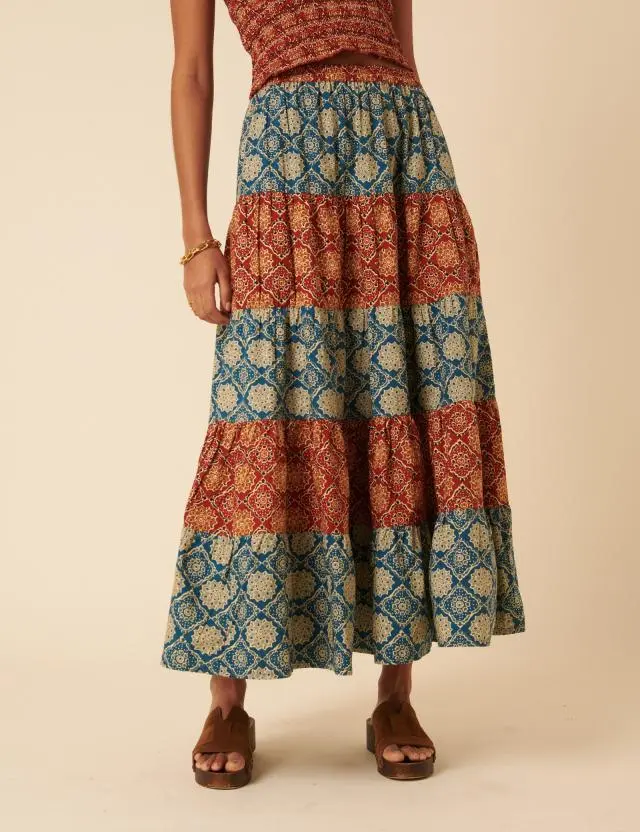 Tile Printed Tiered Midi Skirt