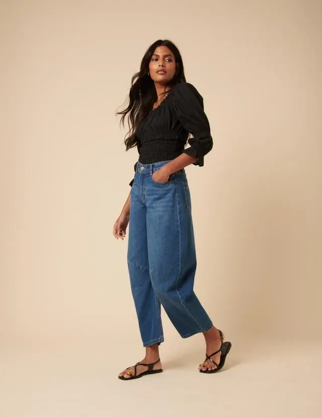 Mid Wash Denim Horseshoe Barrel Jeans