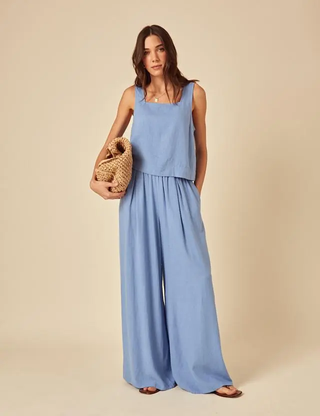 Blue Linen-Blend Wide Leg Jerrow Trousers