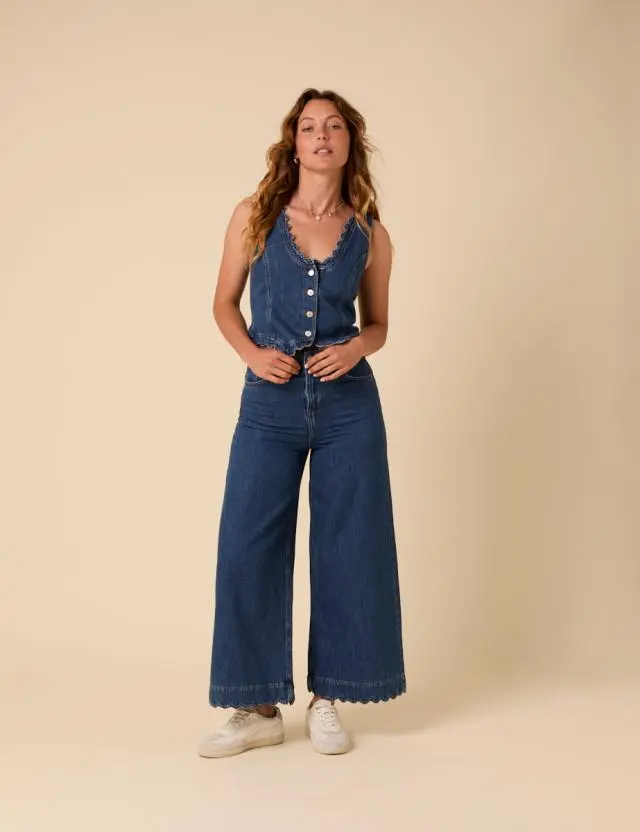 Blue Denim Scallop Trim Cropped Palazzo