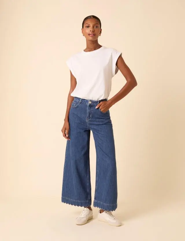 Blue High Rise Scallop Trim Cropped Palazzo Jeans