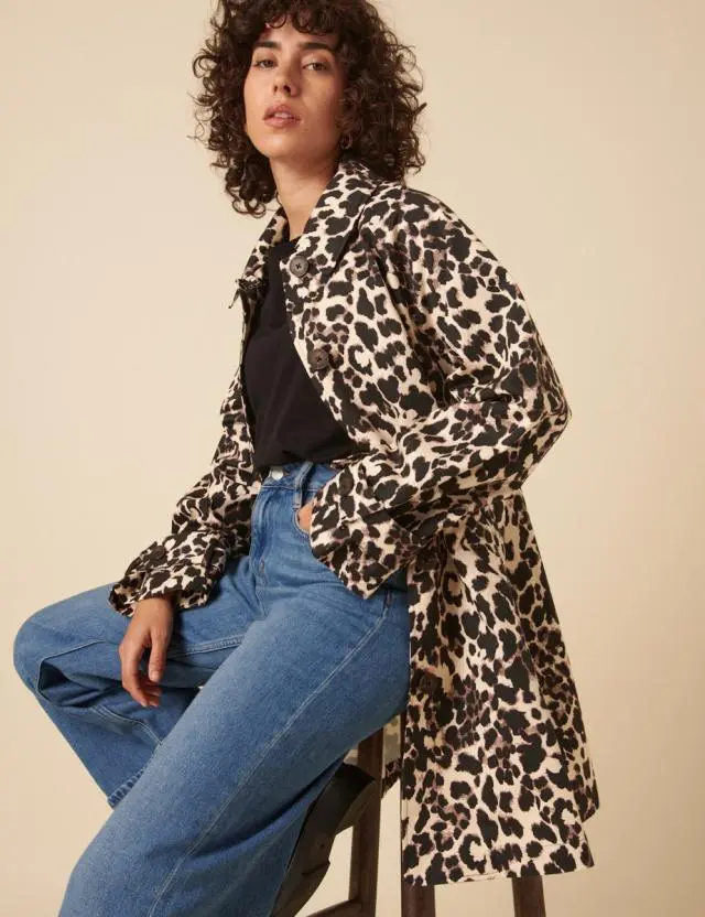 Leopard Print Single Breasted Trench Coat