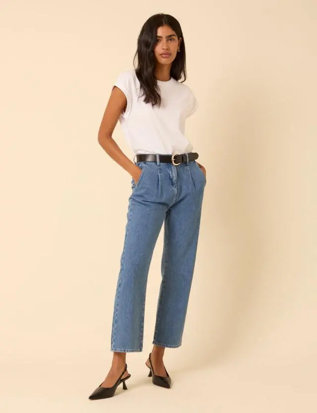 Blue Pleated Straight Leg Jeans