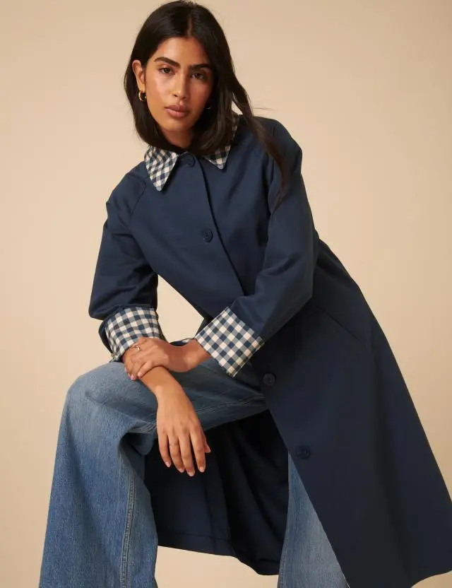 Navy Gingham Trim Trench Coat
