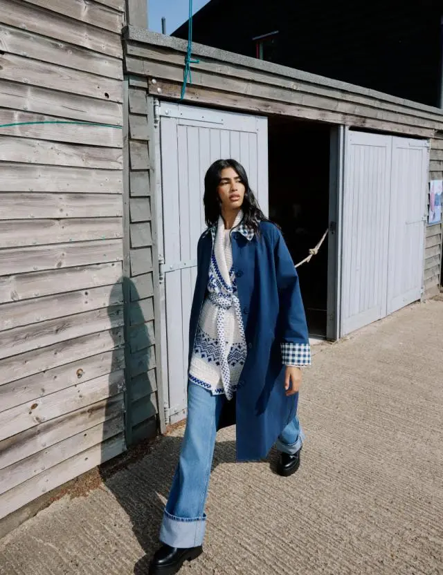 Navy Gingham Trim Trench Coat