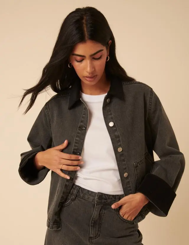 Washed Black Denim Cropped Jacket