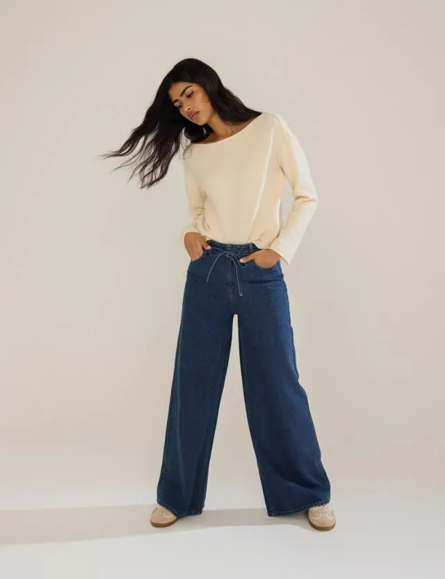 Dark Blue High Rise Tie Waist Wide Leg Jeans
