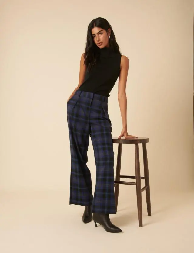 Navy Check Tailored Trousers