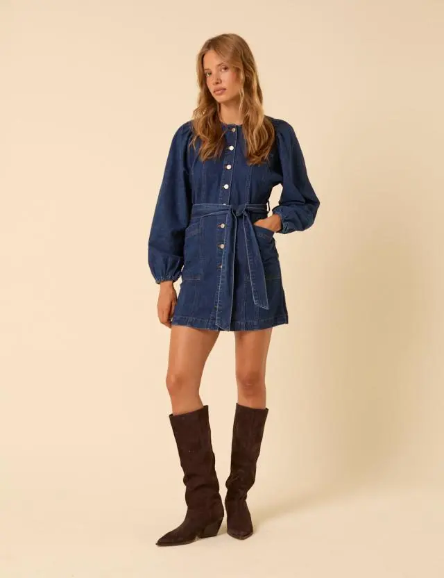 Dark Blue Denim Carlee Tie Waist Mini Dress